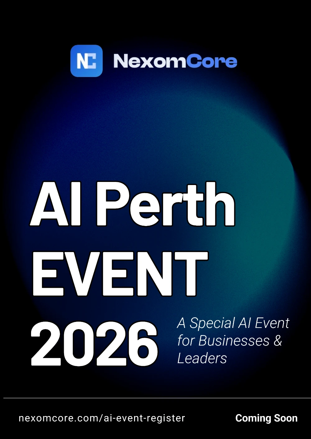 AI Perth Event 2026 poster — a special AI event for businesses and leaders, presented by NexomCore