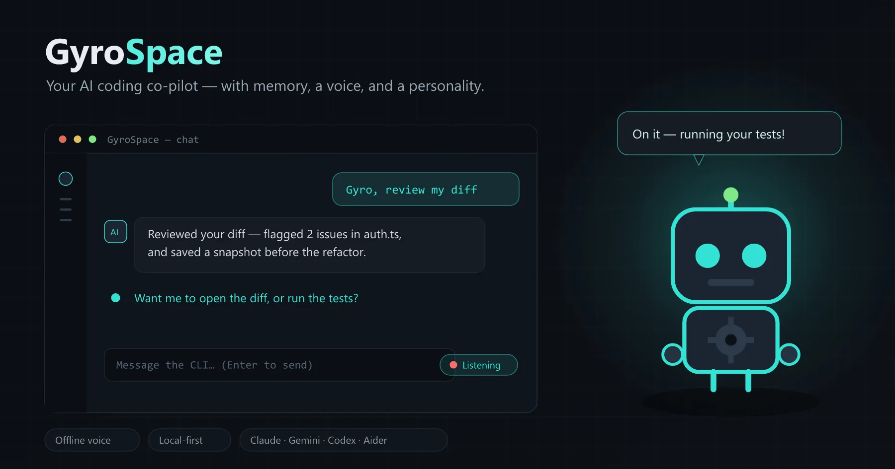 GyroSpace chat workspace: a developer asks Gyro to review a diff, and the assistant reports two issues found in auth.ts and a snapshot saved before the refactor.